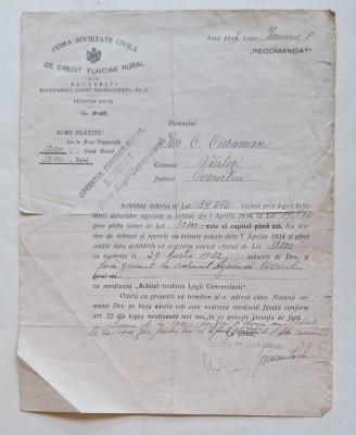 Chitanță Credit Funciar Rural &amp;ndash; achitare datorie agricolă &amp;ndash; Vărlezi, Covurlui &amp;ndash; 1947 foto