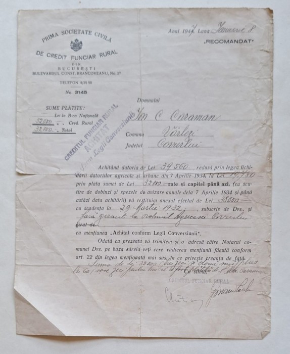 Chitanță Credit Funciar Rural &ndash; achitare datorie agricolă &ndash; Vărlezi, Covurlui &ndash; 1947