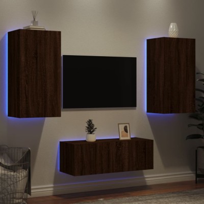 vidaXL Unități de perete TV cu LED-uri, 4 piese, stejar maro, lemn foto