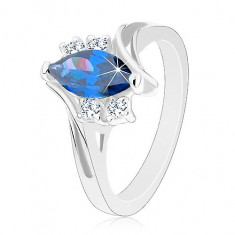 Inel lucios de culoare argintie, braţe cu crestături, formă de bob albastru închis - Marime inel: 55