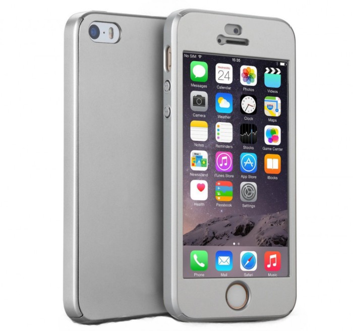 Husa Full Cover 360&deg; (fata + spate + geam sticla) pentru iPhone 5 / SE / 5S, Silver