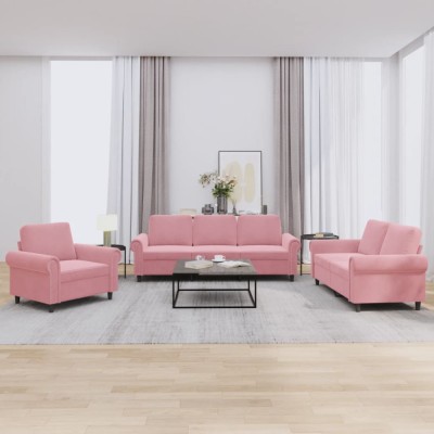 vidaXL Set de canapele cu perne, 3 piese, roz, catifea 3202173 foto