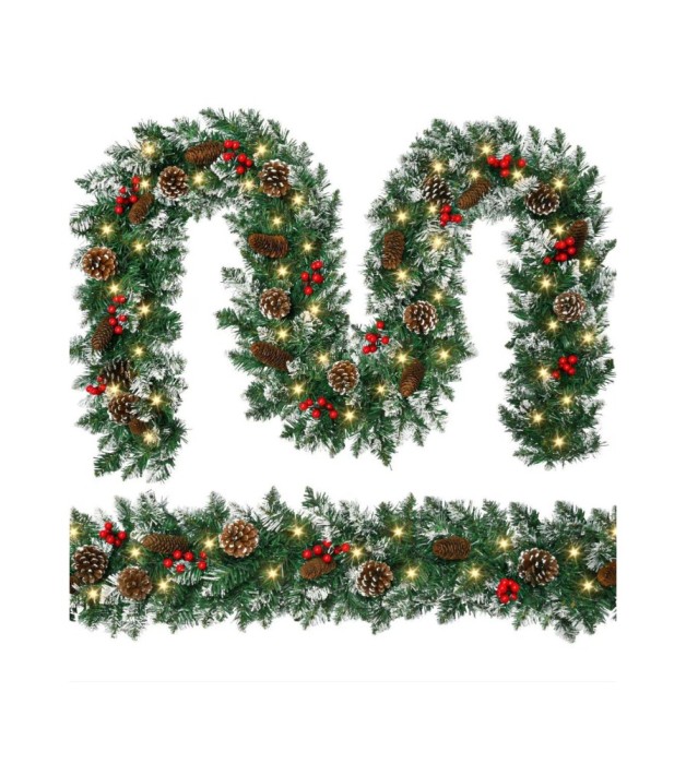 Ghirlanda De Craciun 250 cm Cu 50 LED-uri Calduroase, Conuri, Fructe Rosii Si Accente Albe De Zapada