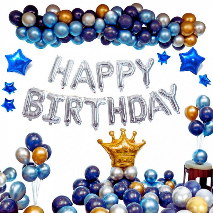 Set de baloane din latex si folie aurii, argintii si albastre pentru petrecere aniversara, 83 baloane si un set Happy Birthday