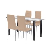 Set Masa si Scaune Leziter Denton 4+1, Modern, Masa Sticla Calita 140cm, Scaune Piele Textila Bej-Gri, Sufragerie