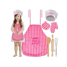 Set de gatit pentru copii, 7 elemente, sort, boneta, ustensile, tinuta completa Chef