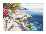Cumpara ieftin Tablou pictat manual living, dormitor - Colt de rai, priveliste catre oras si port - 100x70cm ulei pe panza in cutit efect 3D, Magnific!