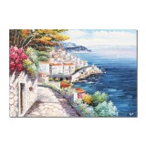 Tablou pictat manual living, dormitor - Colt de rai, priveliste catre oras si port - 100x70cm ulei pe panza in cutit efect 3D, Magnific!