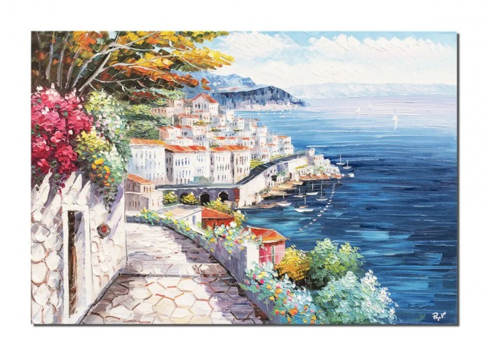 Tablou Amalfi Italia pictat manual, Priveliste catre oras si port, 100x70cm ulei pe panza, Valentin Pop
