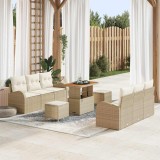 Set de canapea de grădină cu 9 piese și perne, rattan poliester bej, acacia