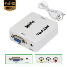 Adaptor VGA la AV, Active, Full HD, convertor analog VGA la 3 x RCA, cu mufa video si sunet audio mama, cablu alimentare USB 5V, compatibilitate: PC,