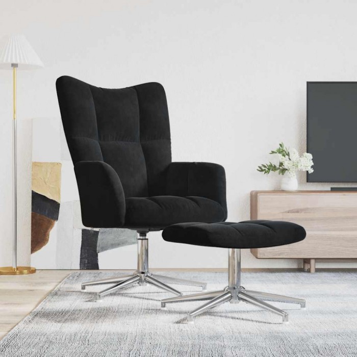 Scaun de relaxare cu taburet, negru, catifea