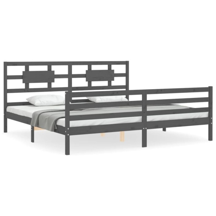 Cadru pat cu tablie 200x200 cm, gri, lemn masiv