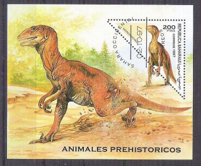 Sahara OCC R.A.S.D 1997 Prehistoric animals, perf. sheet, used AB.026 foto