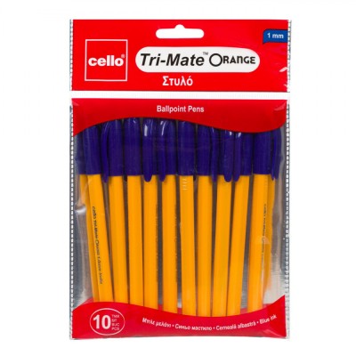 Set Pixuri Ballpoint Cello Tri-Mate Orange, 1.0mm, Albastru, Corp Galben, 10 Bucăți foto