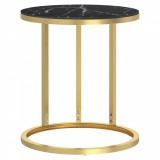 Masă laterală, auriu și marmură neagră, 45 cm sticlă securizată