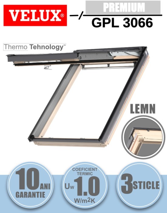 Fereastra mansarda VELUX GPL 3066, dubla deschidere, lemn de pin, 3 sticle