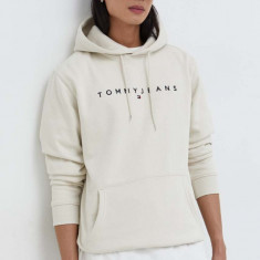 Tommy Jeans bluză bărbați, culoarea bej, cu glugă, imprimeu DM0DM17985