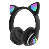 Casti cu urechi de pisica, wireless, bluetooth, lumini led RGB, Slot SD, mp3,
