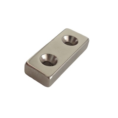 Magnet neodim 50x20x10 mm, 2 x gaura de 5.5 mm cu sanfren, dreptunghiular, argintiu, N35 foto