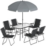 Outsunny Set Dining de Grădină 8 Piese cu Umbrelă, Mobilier de Exterior cu 6 Scaune Pliabile, Masă din Sticlă Temperată și Umbrelă pentru Terasă, Negr