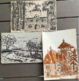 Lot schițe Gh. Ionescu, 3 cartoane cu desen fata-verso, diferite, aprox 25 x 17 cm fiecare, artist roman, arta romaneasca, Tabăra CASTEL (Stirbei)