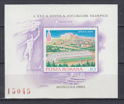 ROMANIA 1979 LP 993 PREOLIMPIADA DE VARA MOSCOVA COLITA NEDANTELATA MNH foto