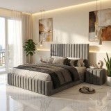 Pat Adela Gri Catifea Premium cu Noptiere Tapitate ✅Finisaje premium