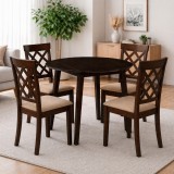 Set masa living plianta Philadelphia, MDF, lemn masiv, rotunda, 55 90 x 90 x 74,8 cm si 4 scaune Vienna, tapiterie stofa, 94x49x40 cm, nuc