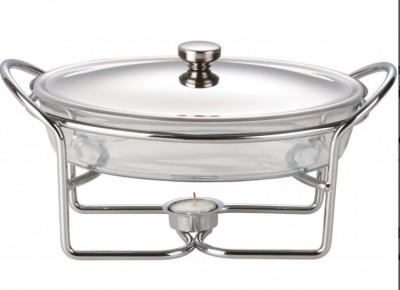 Chafing dish / Vas termorezistent cu incalzitor, 1.6 litri, capac si suport otel inoxidabil foto