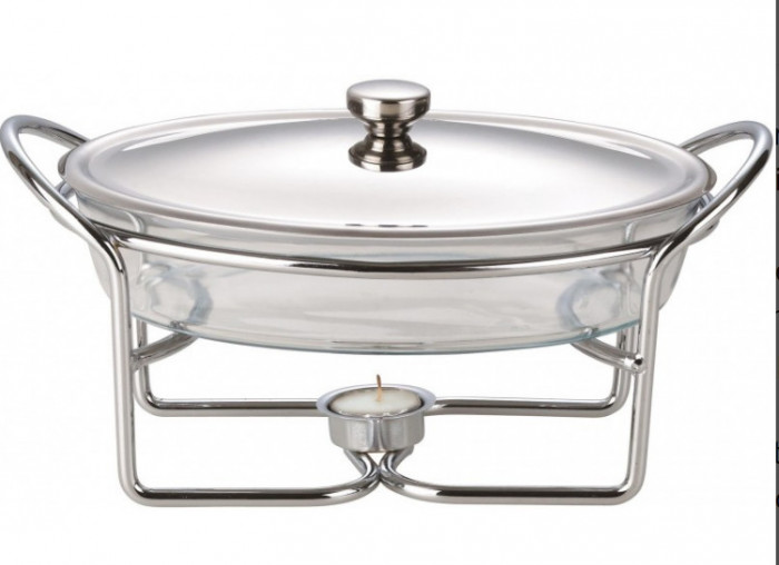 Chafing dish / Vas termorezistent cu incalzitor, 1.6 litri, capac si suport otel inoxidabil