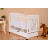 Patut lemn Qmini Timmi Heart 120x60 cm Alb cu sertar, roti, 3 nivele somiera + saltea cocos 10 cm