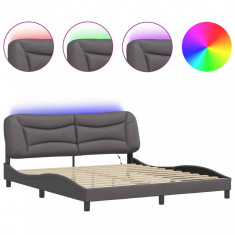 vidaXL Cadru de pat cu lumini LED, gri, 180x200 cm, piele ecologică
