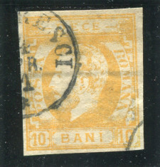 1871 , Lp 31a , Carol I 10 Bani portocaliu / hartie vargata - stampilat foto