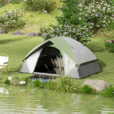 Outsunny Cort Camping 3 Locuri cu Geam din Plasă și C&acirc;rlig Felinar, Poliester, Fibră de Sticlă și Cort de Camping PE, 270x210x150 cm, Gri și Verde