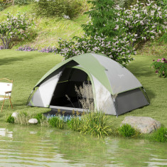 Outsunny Cort Camping 3 Locuri cu Geam din Plasă și Cârlig Felinar, Poliester, Fibră de Sticlă și Cort de Camping PE, 270x210x150 cm, Gri și Verde