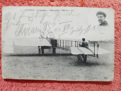 Fotografie tip carte postala, pilotul Louis Bleriot cu monoplanul , inceput de secol XX(primul pilot care a traversat Canalul Manecii) foto