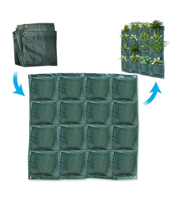 Ghivece de flori suspendat vertical, din rafie, 16 ghivece de flori in 4 randuri, verde foto