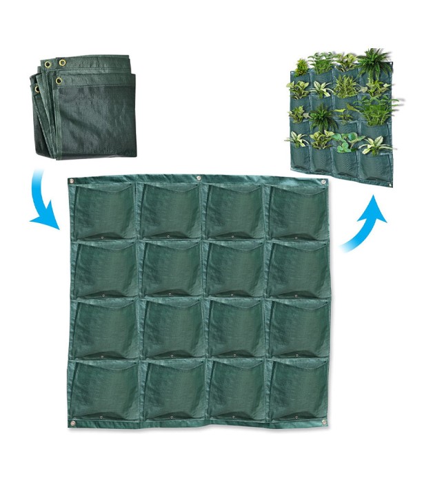 Ghivece de flori suspendat vertical, din rafie, 16 ghivece de flori in 4 randuri, verde