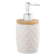 Dozator Săpun Lichid, Alb, Ceramic, Capac Bambus, Model Diamond, Capacitate 340ml