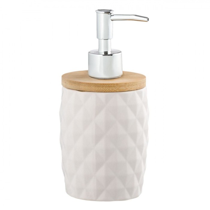 Dozator Săpun Lichid, Alb, Ceramic, Capac Bambus, Model Diamond, Capacitate 340ml