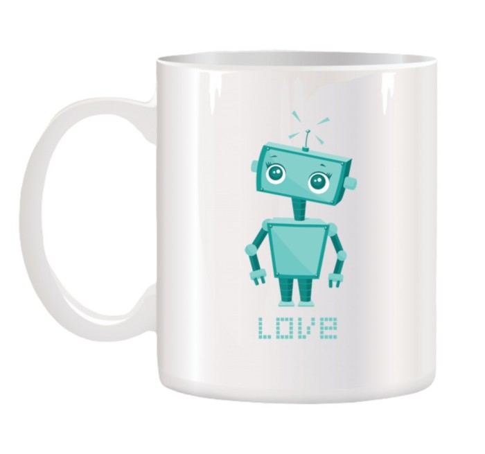 Cana alba ceramica personalizata Robot Indragostit, INOVATIX&reg;. 330ml