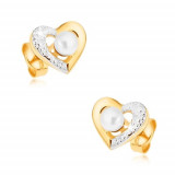 Cercei placaţi cu rodiu din aur 9K - contur de inimă &icirc;n două culori, perlă albă