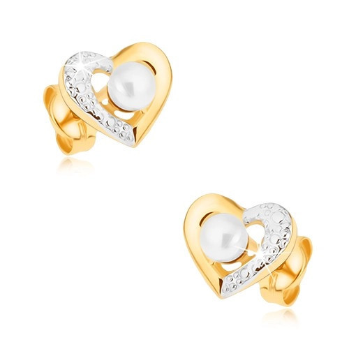 Cercei placaţi cu rodiu din aur 9K - contur de inimă &icirc;n două culori, perlă albă