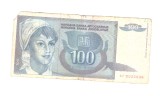 Bancnota Yugoslavia 100 dinara/dinari 1992, circulata, uzata, colt rupt