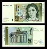 GERMANIA DE VEST RFG █ bancnota █ 5 Mark █ 1991 █ P-37 █ Serie A █ UNC █ necirculata