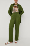 Herskind pantaloni femei, culoarea verde, drept, high waist