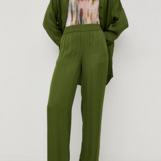 Herskind pantaloni femei, culoarea verde, drept, high waist