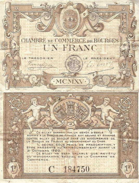 1915, 1 franc (JP.032.06) - Franța (Bourges)!