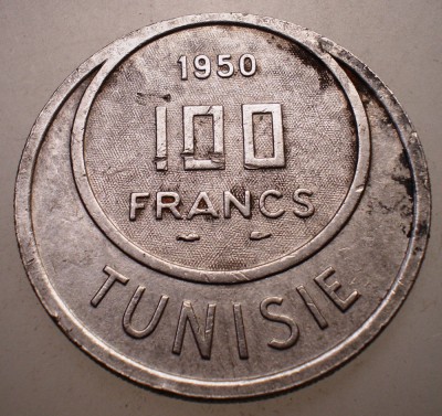7.494 TUNISIA PROTECTORAT FRANCEZ MUHAMMAD AL-AMIN BEY 100 FRANCS FRANCI 1950 foto